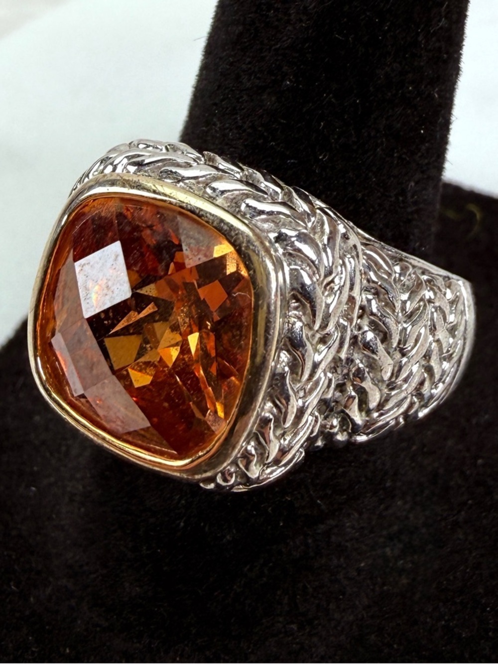 Vintage weighted Silvertone, Amber colored sz 8 costume statement ring